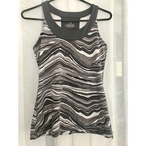 Tek Gear Womens Yoga Racerback Tank Top Shelf Bra Black Grey Abstract Wave Med